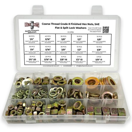 Boltsandnuts.Com Inch Grade 8 Hex Nut, Flat & Lock Washers Assortment - 351 Pcs Assortment Kit #184